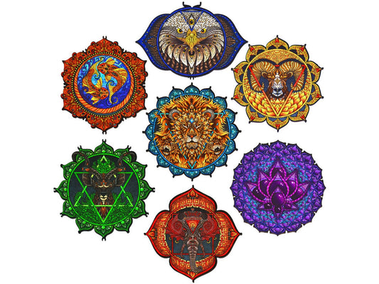 The front of the puzzle, Seven Chakras, with all seven small puzzles that go together in the box.