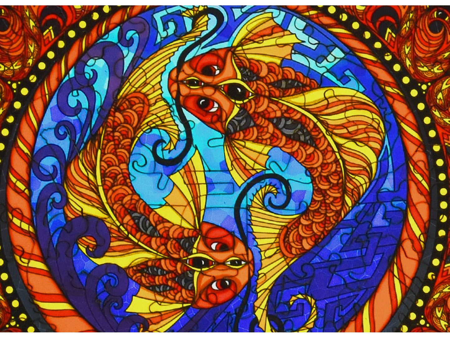 A closeup of the front of the puzzle, Seven Chakras, showing the detail in the pieces of the Koi.