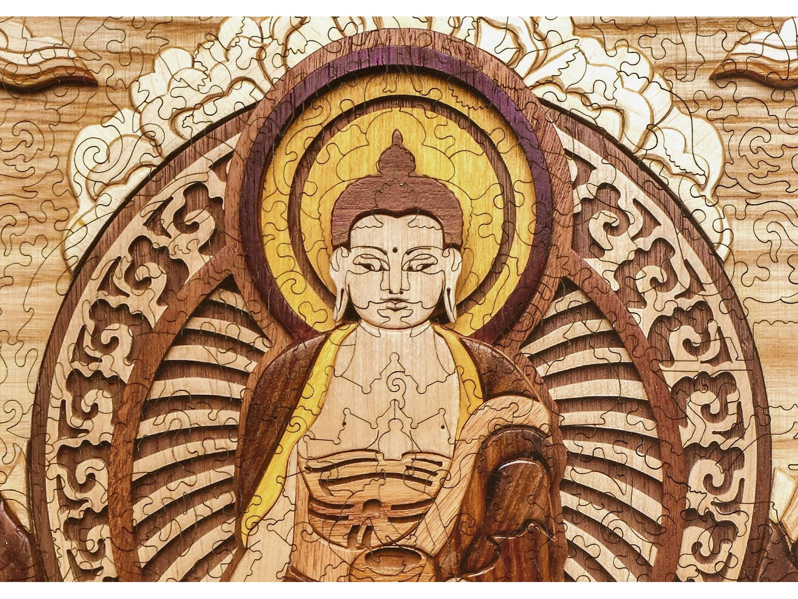 A closeup of the front of the puzzle, Shakyamuni Buddha.