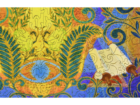 A closeup of the front of the puzzle, Shalom Hamsa, showing the detail in the pieces.