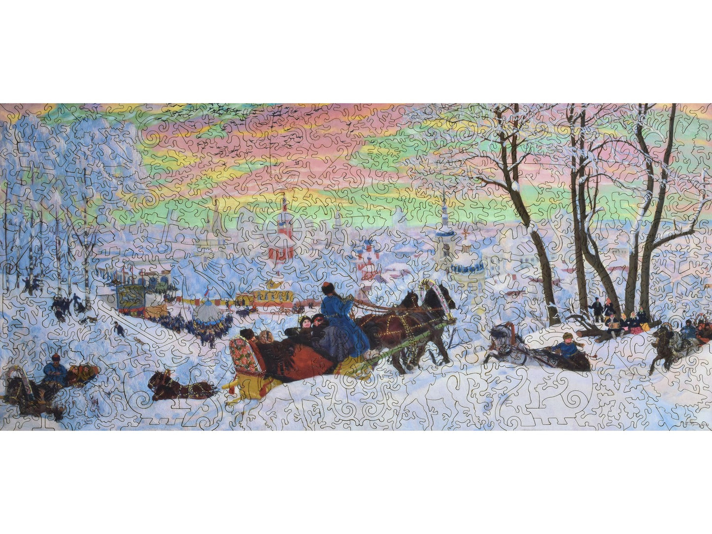 The front of the puzzle, Shrovetide, showing a winter scene with people playing in the snow and a carriage.