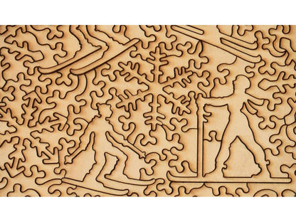 A closeup of the back of the puzzle, Ski School, showing the detail in the pieces.