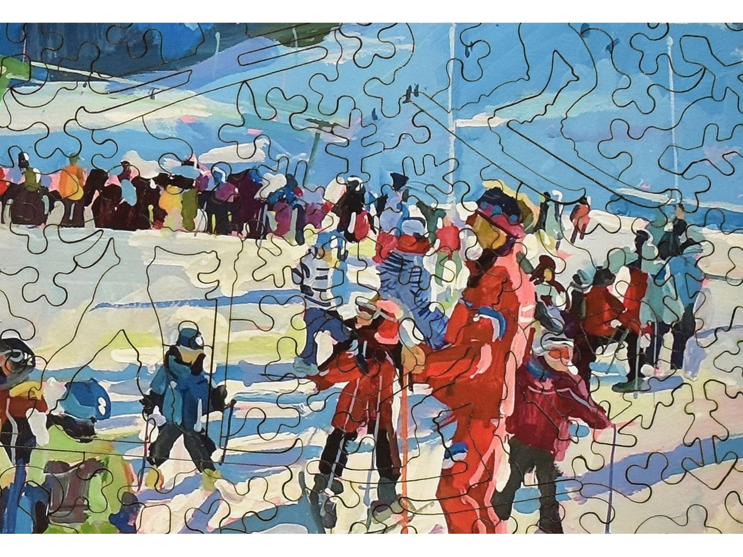 A closeup of the front of the puzzle, Ski School, showing the detail in the pieces.