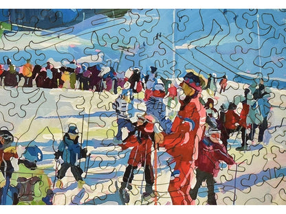 A closeup of the front of the puzzle, Ski School, showing the detail in the pieces.