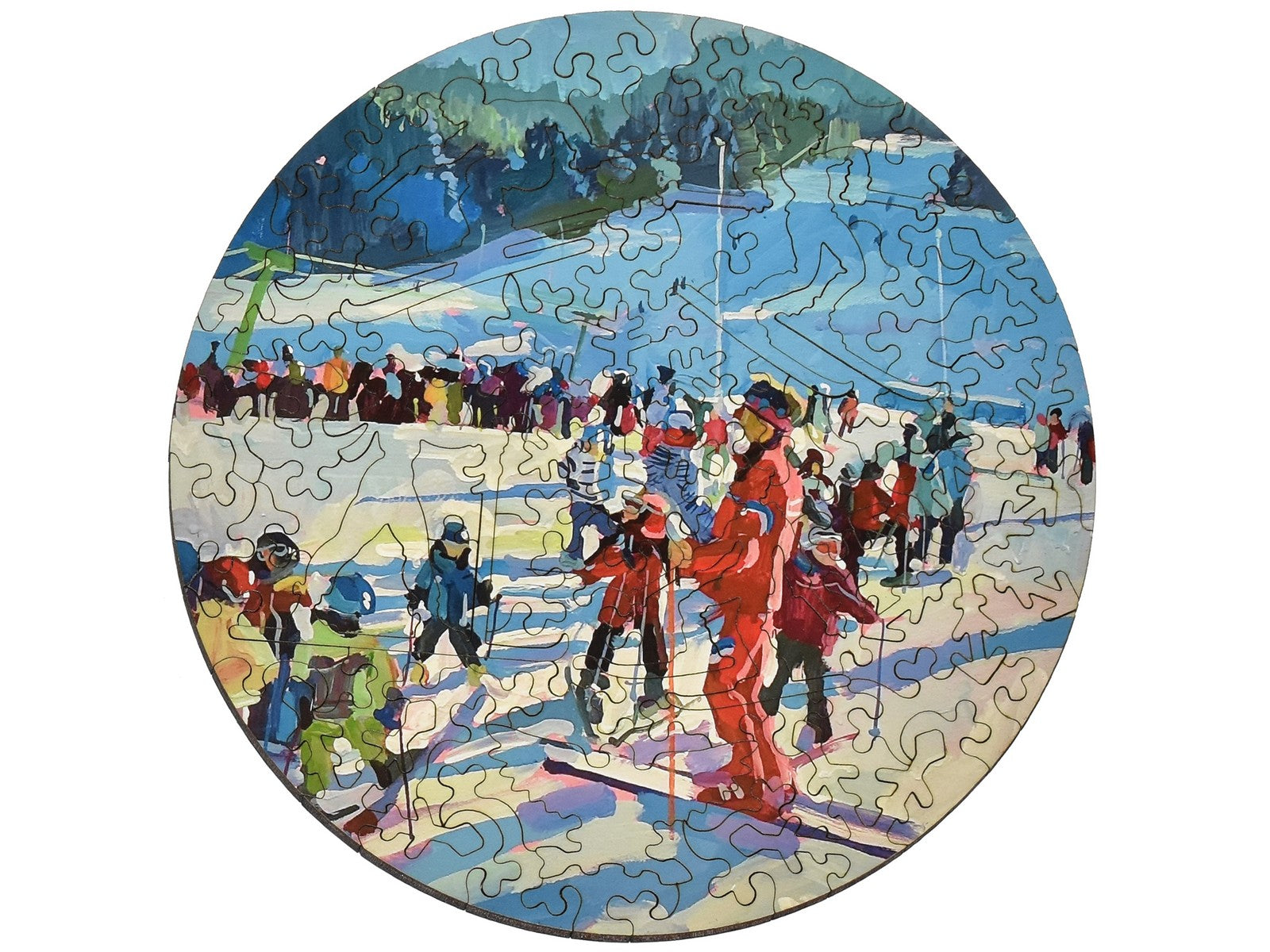 The front of the small round puzzle, Ski School.