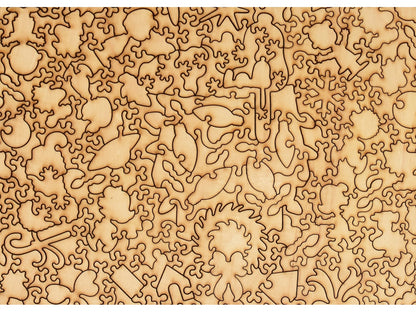 A closeup of the back of the puzzle, Snoopy's Christmas Dream, showing the detail in the pieces.