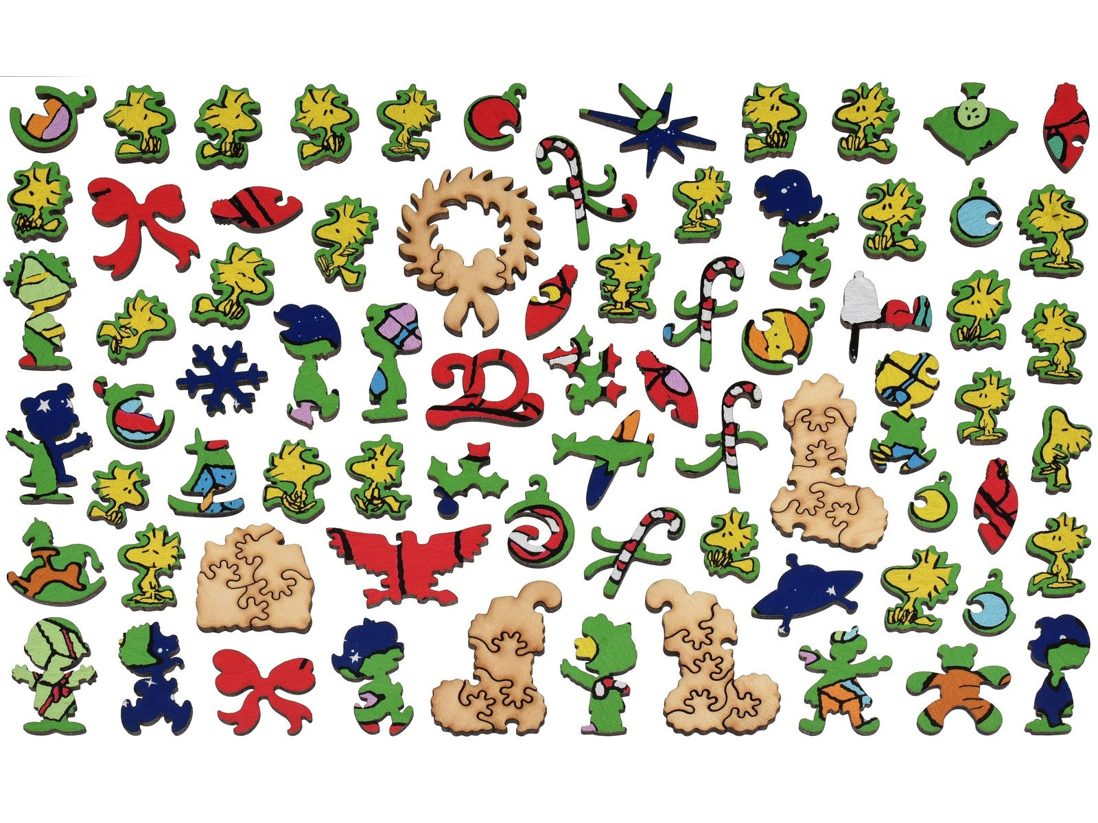 The whimsy pieces that can be found in the puzzle, Snoopy's Christmas Dream.
