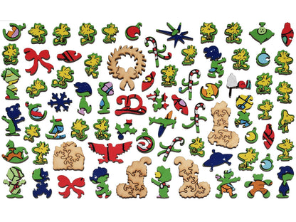 The whimsy pieces that can be found in the puzzle, Snoopy's Christmas Dream.