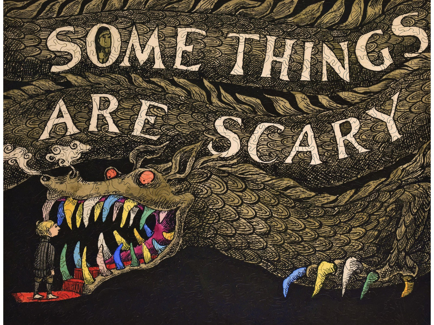 The front of the puzzle, Some Things Are Scary by Edward Gorey, with a scary dragon.