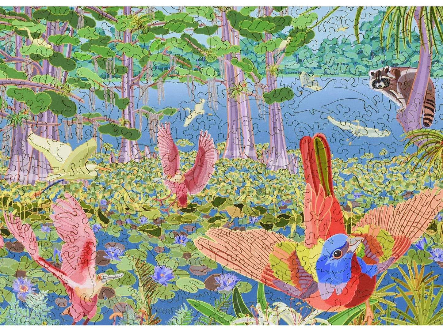 A closeup of the front of the puzzle, Spring in the Everglades, showing the detail in the pieces.