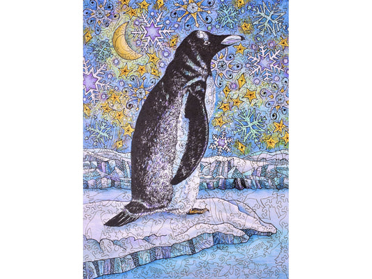 The front of the puzzle, Star Gazing, with a penguin on a colorful scene of snowflakes.