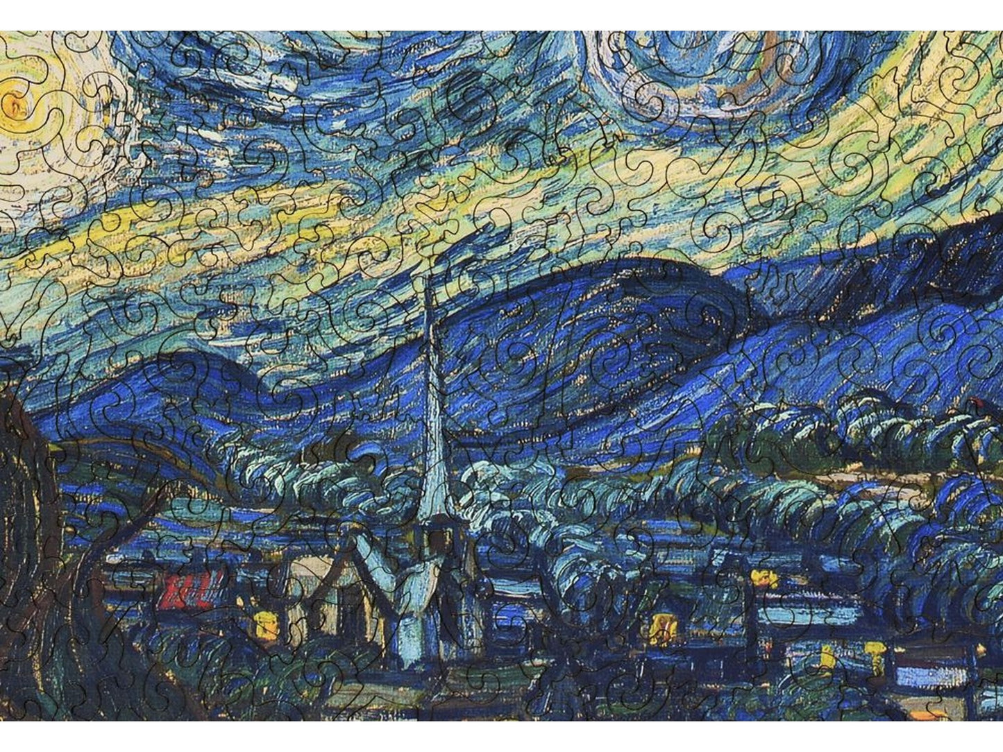 A closeup of the front of the puzzle, Starry Night.