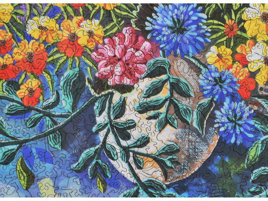 A closeup of the front of the puzzle, Summer Geraniums, showing the detail in the pieces.