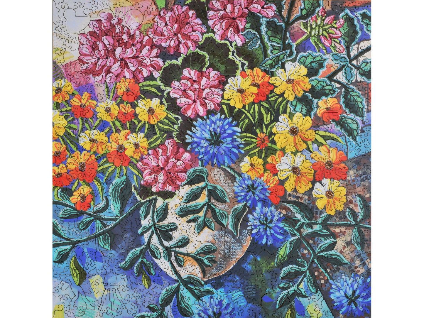 The front of the puzzle, Summer Geraniums, which shows a colorful bouquet of flowers.