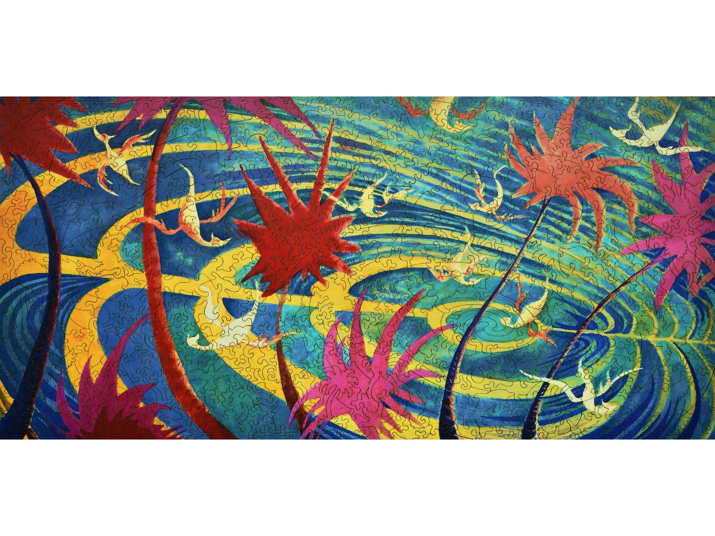 The front of the puzzle, Tahitian Landscape, which shows palm trees and birds over a blue and yellow abstract pattern.