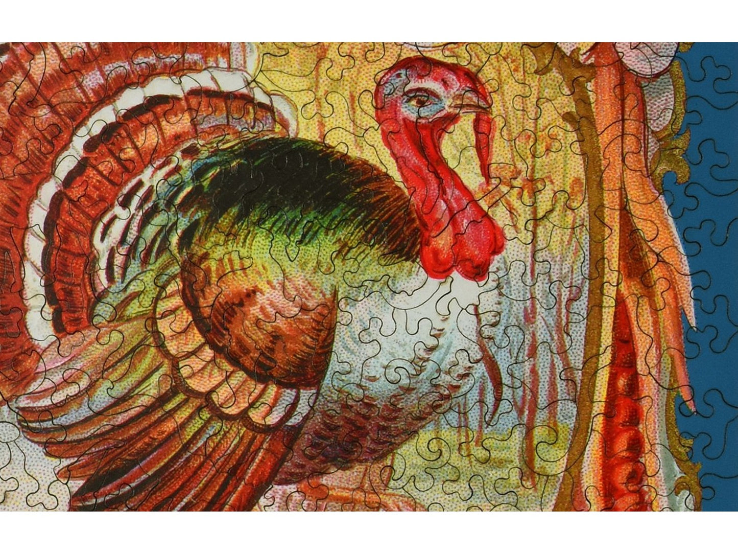 A closeup of the front of the puzzle, Thanksgiving Greetings, showing the detail in the pieces.