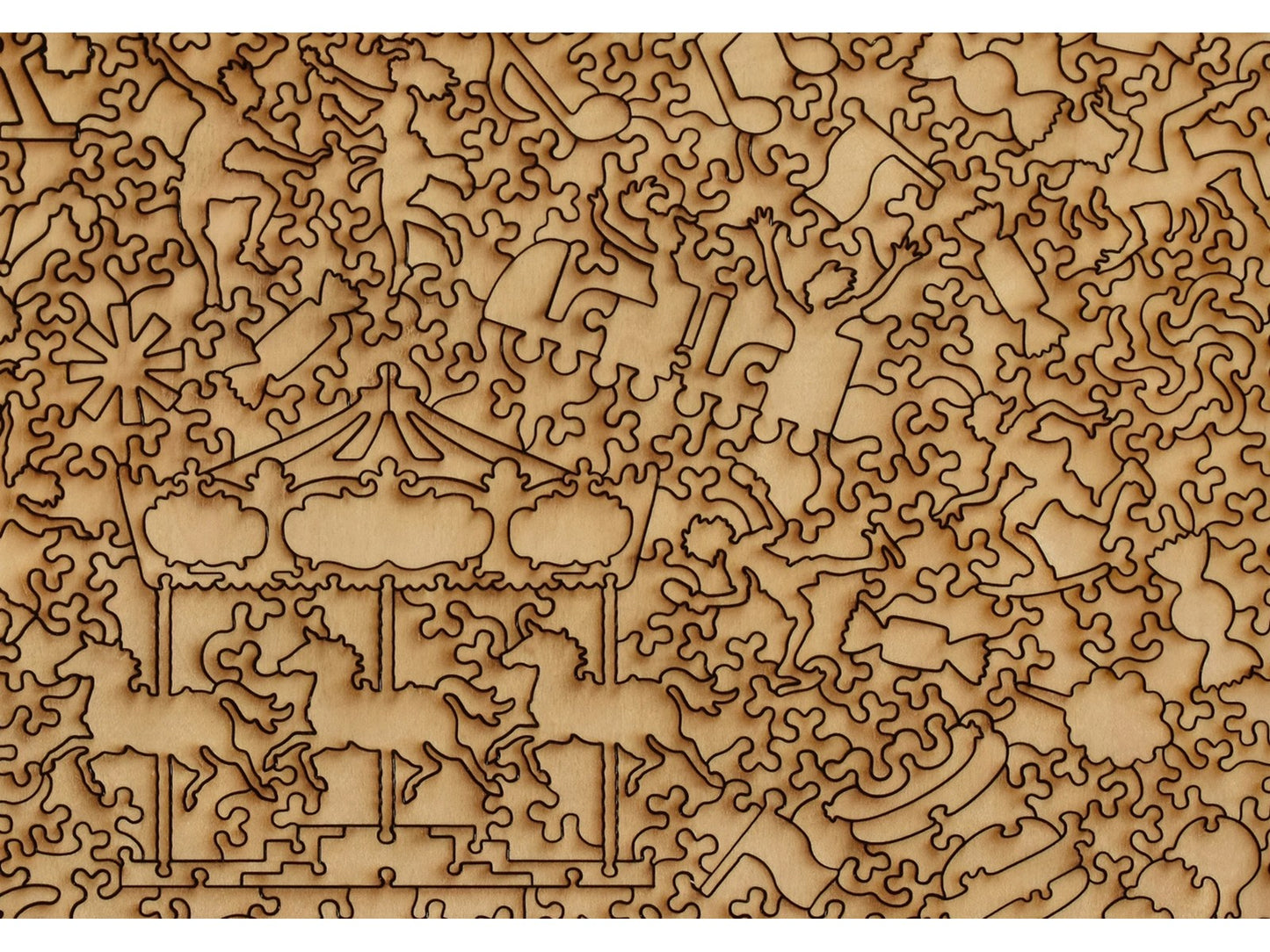 A closeup of the back of the puzzle, The Fair, showing the detail in the pieces.