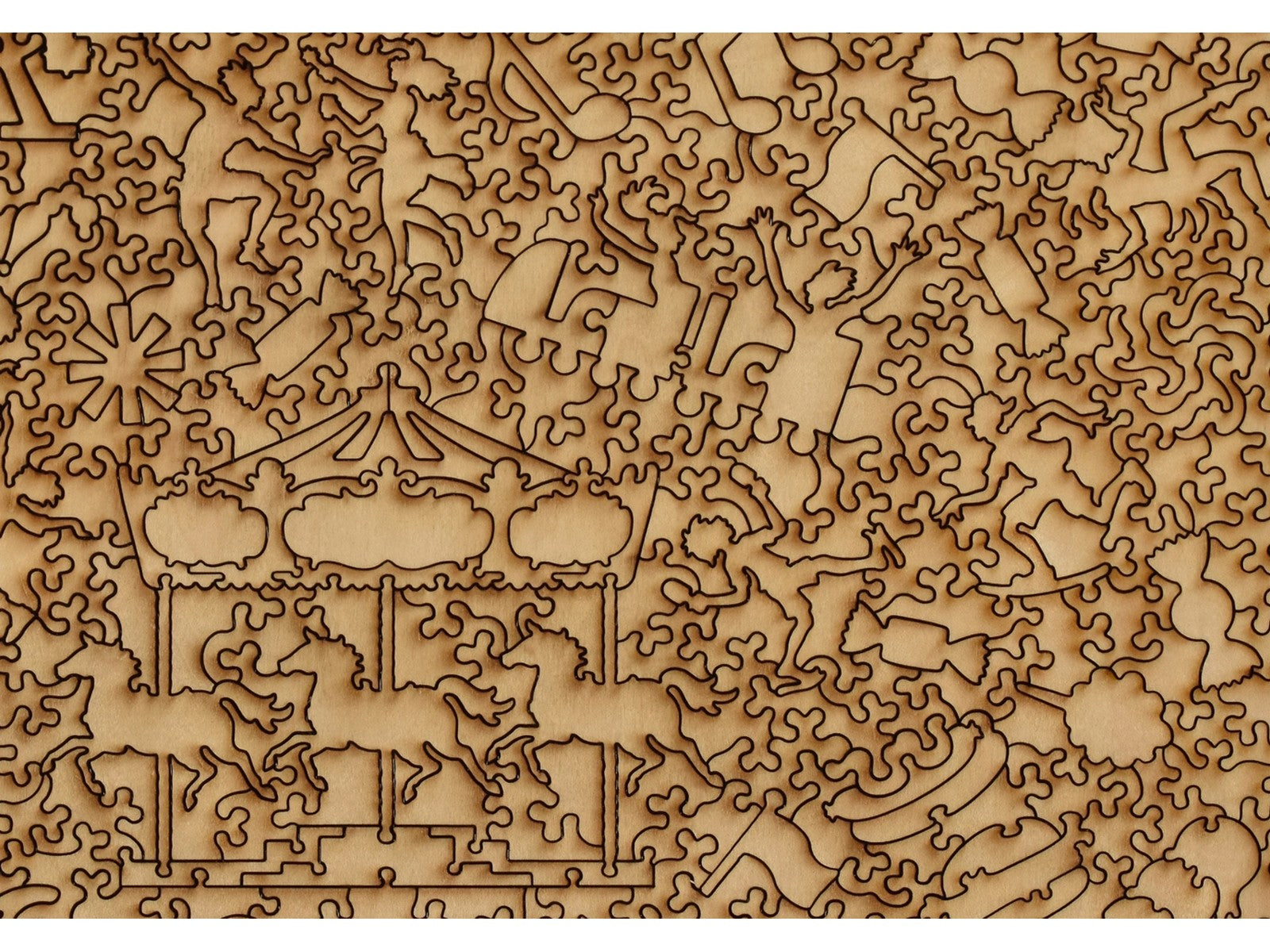 A closeup of the back of the puzzle, The Fair, showing the detail in the pieces.