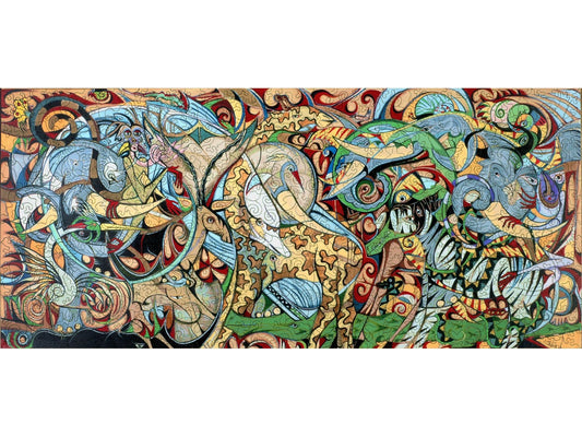 The front of the puzzle, The painting of Life, which shows various African animals in a swirling, abstract style.