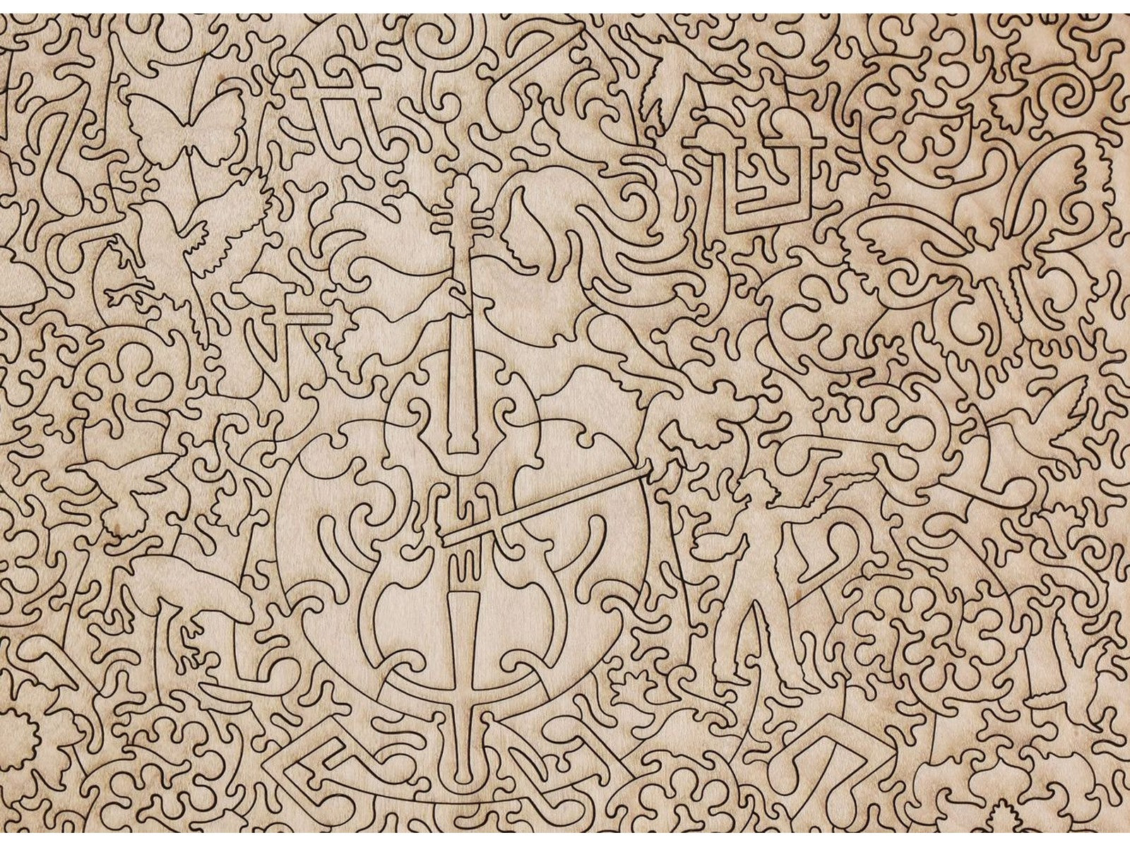 A closeup of the back of the puzzle, Three Cellos - Bleeding Heart, showing the detail in the pieces.
