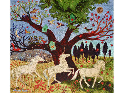 The front of the puzzle, Three Unicorns by a Tree.