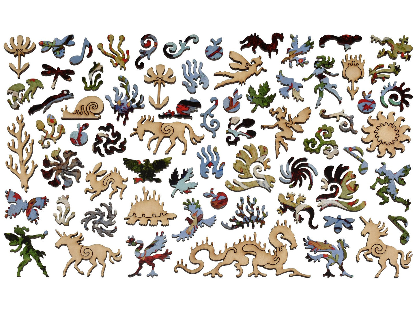 The whimsy pieces that can be found in the puzzle, Three Unicorns by a Tree.