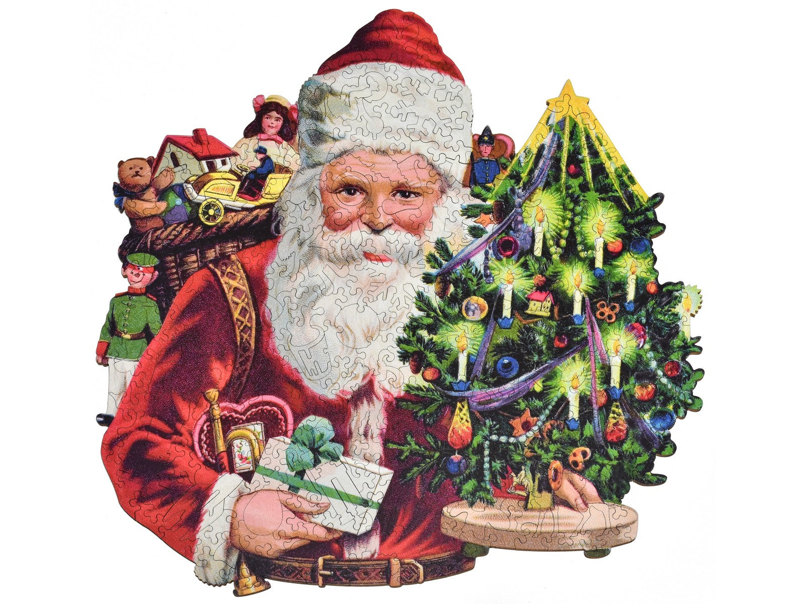 The front of the puzzle Toys a Plenty, showing Santa with an armful of toys.