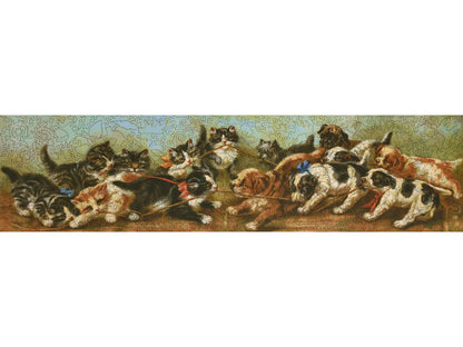 The front of the puzzle Tug of War, with kitten and puppies playing tug of war.