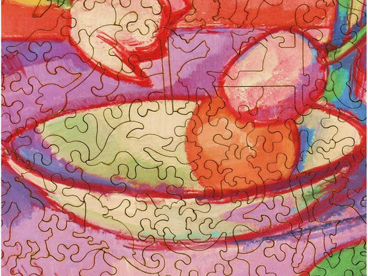 A closeup of the front of the puzzle, Tulips - The Blue Jug, showing the detail in the pieces.