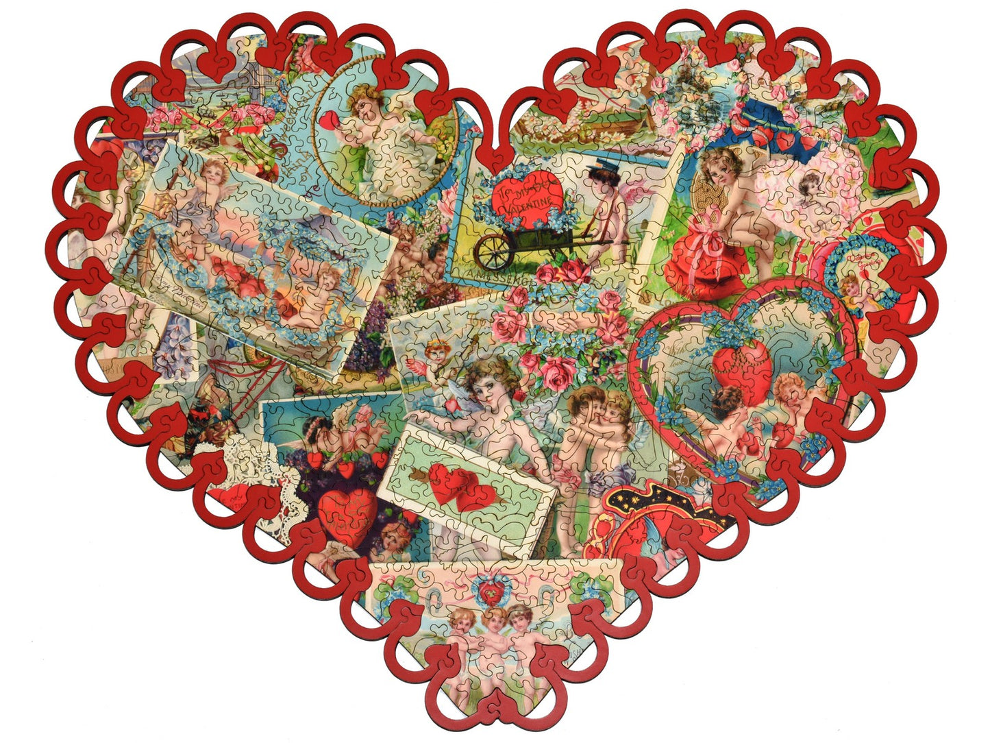 The front of the puzzle Valentine Collection Special Edition, which shows a collage of vintage valentines postcards, with a decorative border.