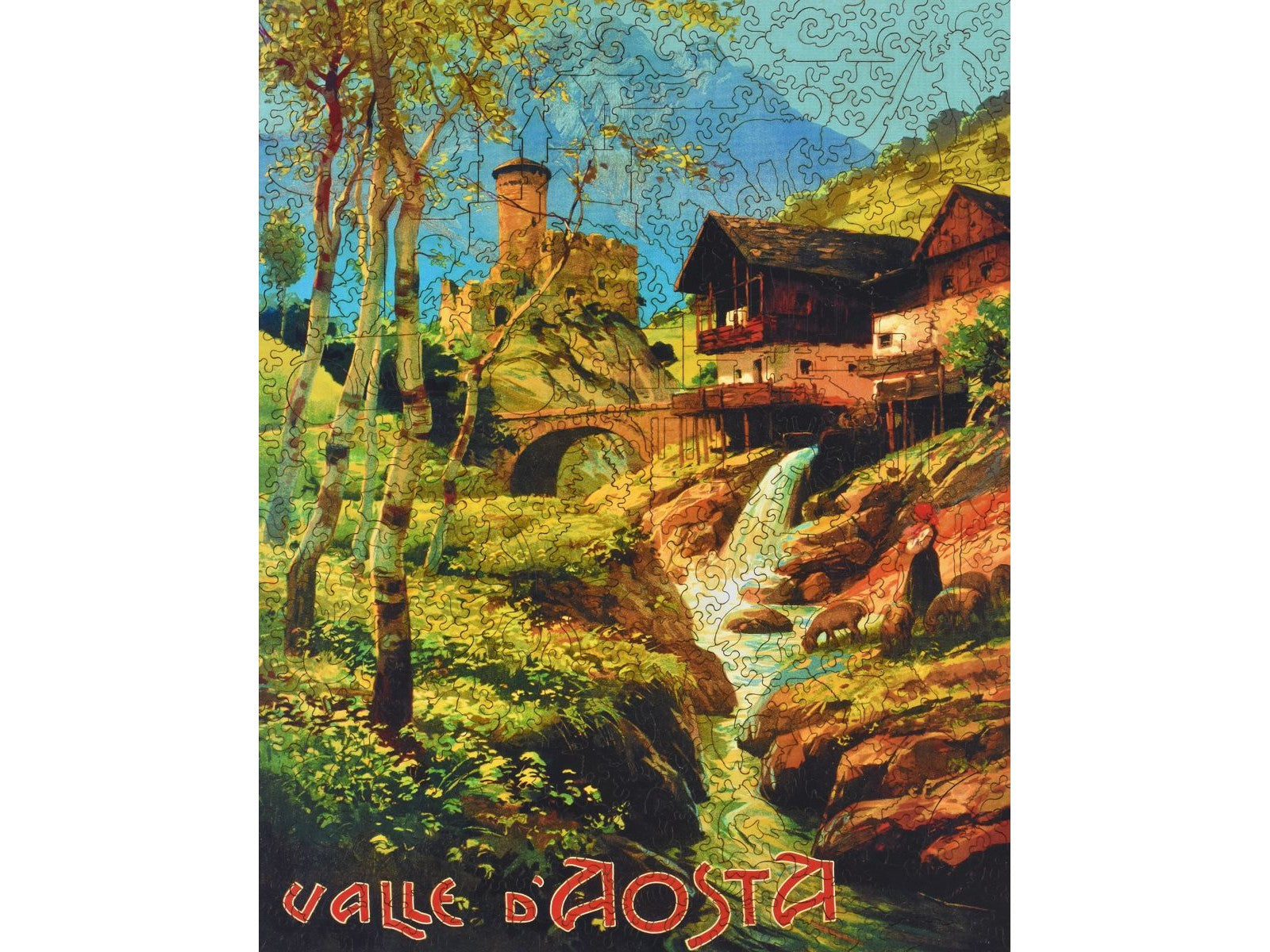 The front of the puzzle, Valle D'Aosta, with a castle and mill in the mountains.