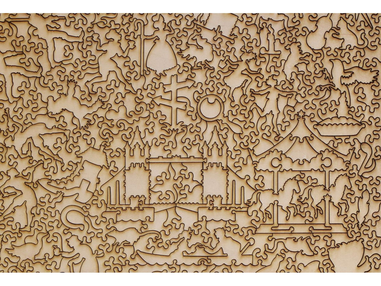 A closeup of the back of the puzzle, Valley of Rhyme, showing the detail in the pieces.