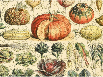 A closeup of the front of the puzzle, Vegetables and Plants, showing the detail in the pieces.