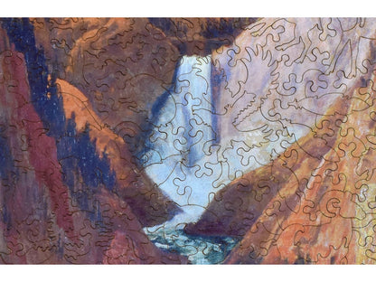 A closeup of the front of the puzzle, View of the Lower Falls, Grand Canyon of the Yellowstone, showing the detail in the pieces.