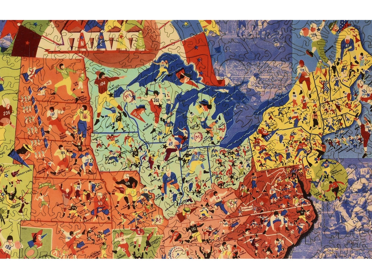 A closeup of the front of the puzzle, Vintage College Football, showing the detail in the pieces.