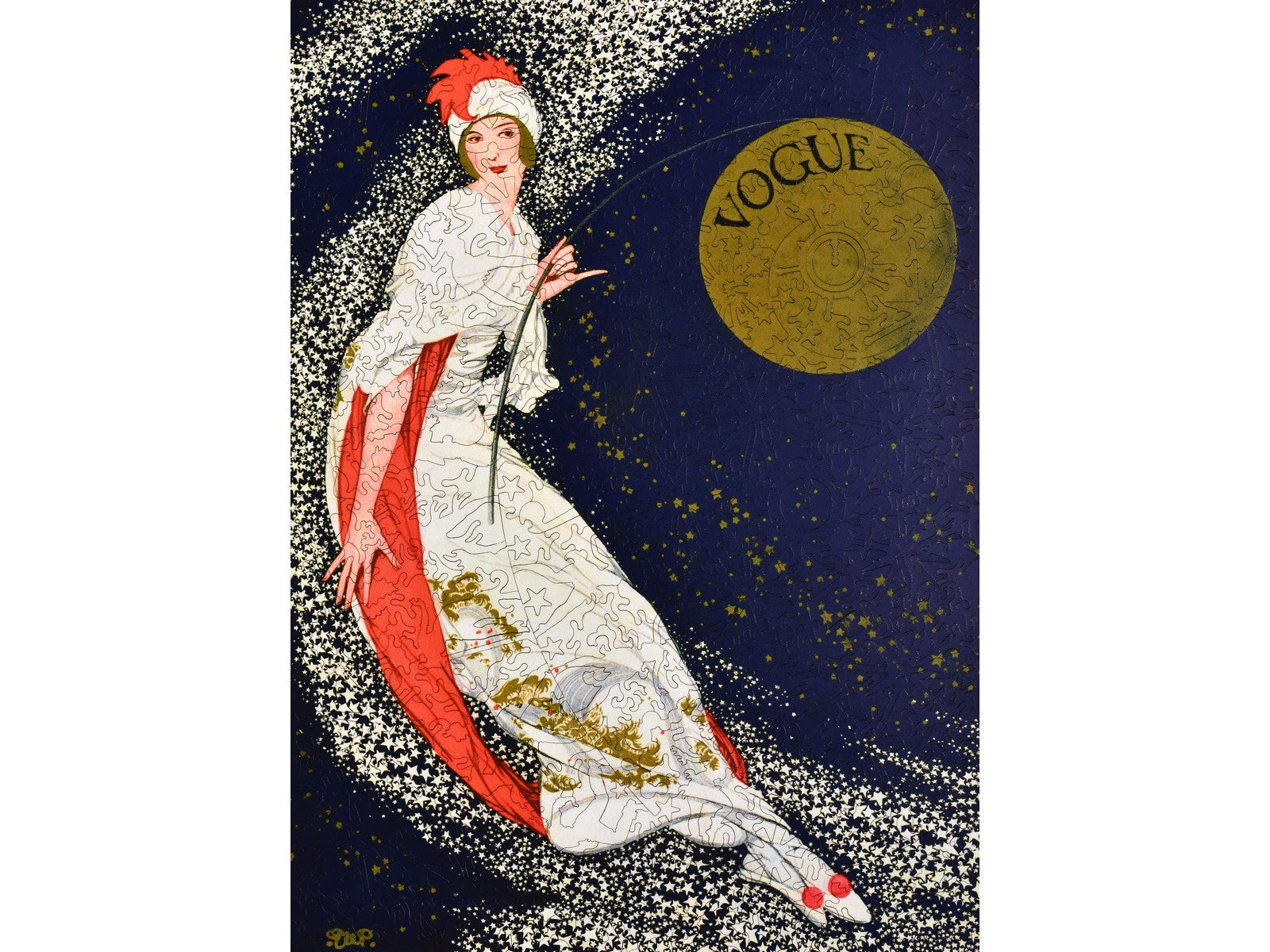 The front of the puzzle, Vogue 1912, with a woman celebrating new years.