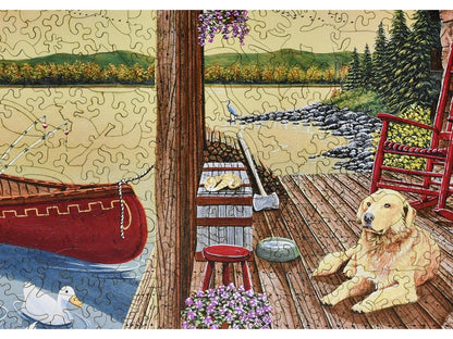 A closeup of the front of the puzzle, Welcome to the Cabin, showing the detail in the pieces.