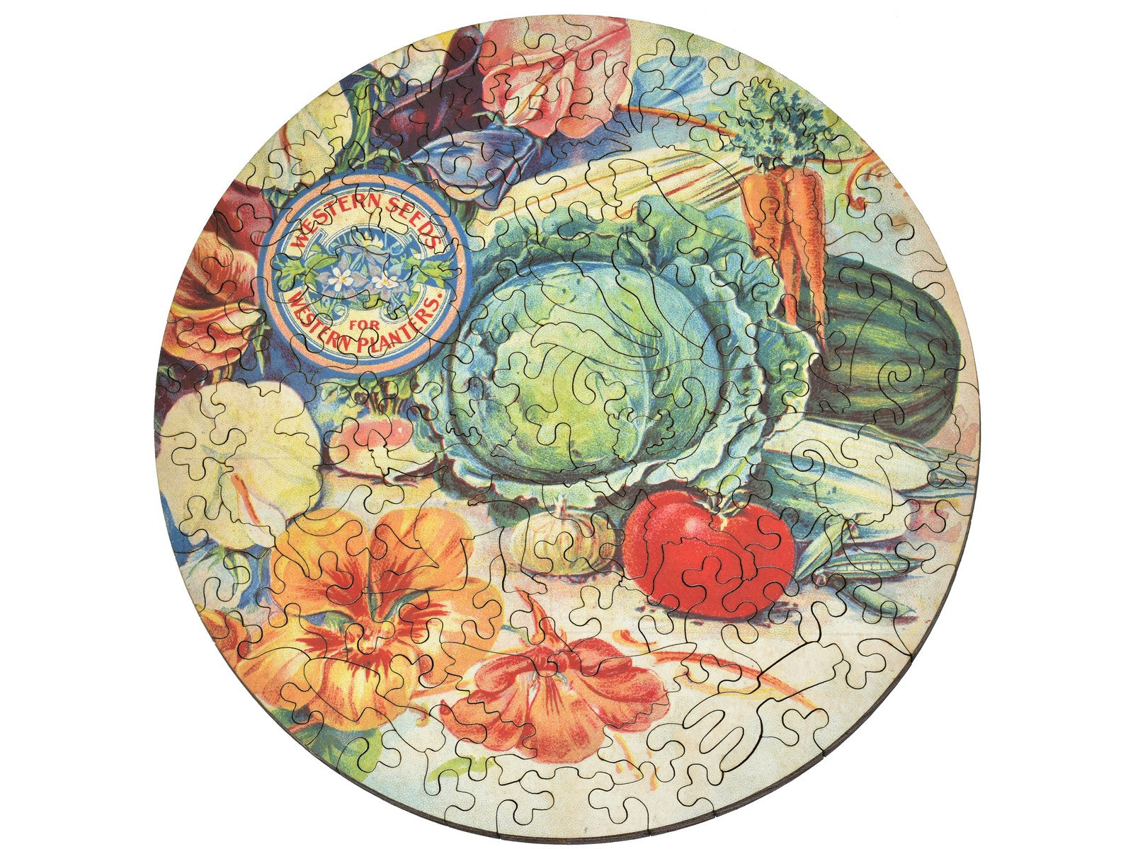 The front of the puzzle, Western Seeds, a round puzzle with vegetables.