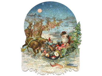 The front of the puzzle, What Santa Claus Brings with Santa in his sleigh with his reindeer.
