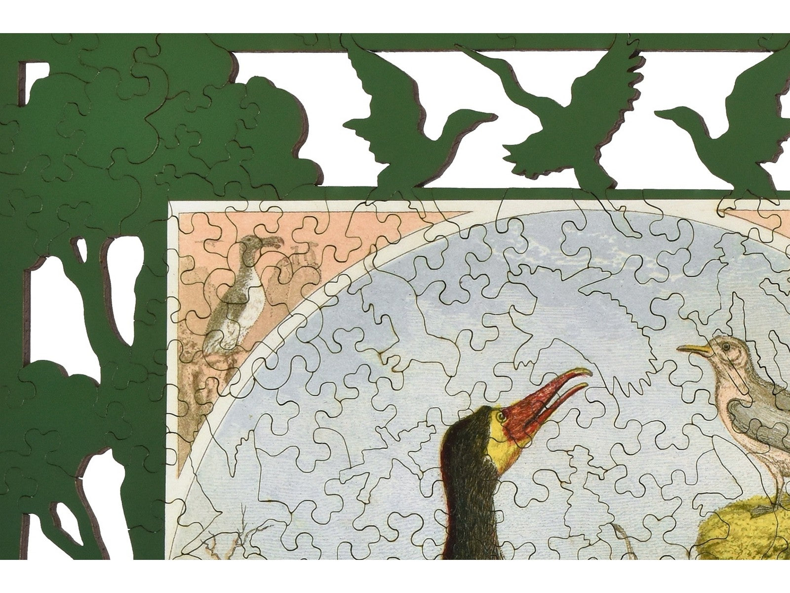 A closeup of the front of the puzzle, Whimsical Birds, showing the detail in the pieces.