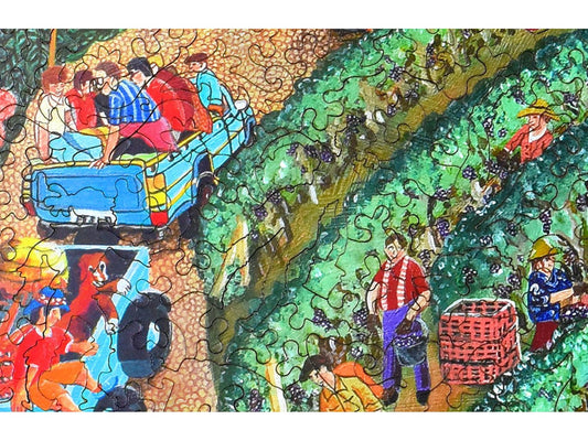 A closeup of the front of the puzzle, The Wine Tour, showing the detail in the pieces.