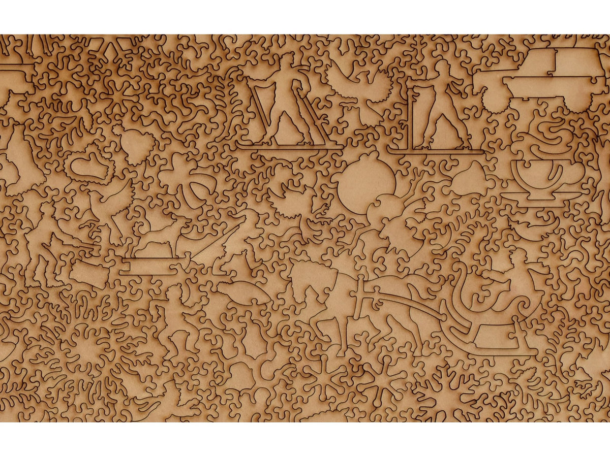A closeup of the back of the puzzle, Winter Parade, showing the detail in the pieces.