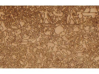 A closeup of the back of the puzzle, Winter Parade, showing the detail in the pieces.