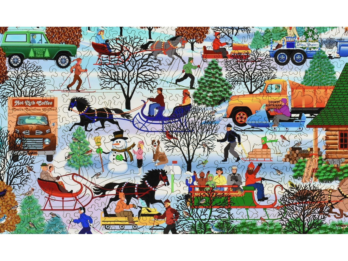 A closeup of the front of the puzzle, Winter Parade, showing the detail in the pieces.