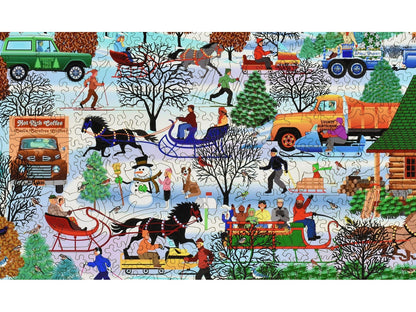 A closeup of the front of the puzzle, Winter Parade, showing the detail in the pieces.