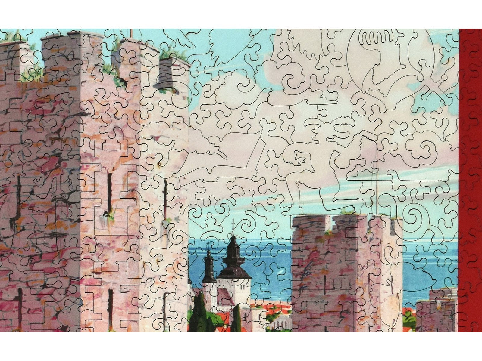 A closeup of the front of the puzzle showing Wisby Castle in Sweden.