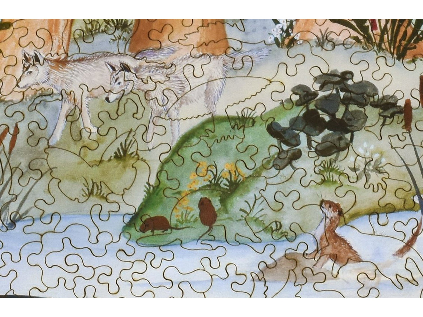 A closeup of the front of the puzzle, Woodland Scene, showing the detail in the pieces.