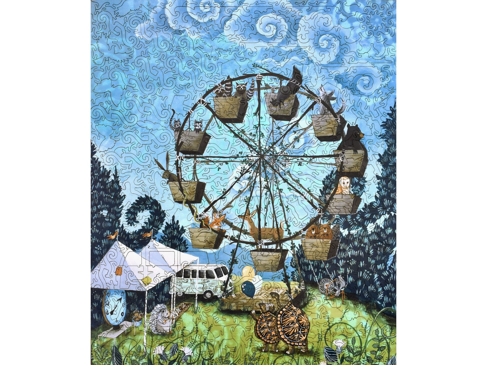The front of the puzzle, Woodland Wheel, with animals riding a Ferris wheel in the woods.