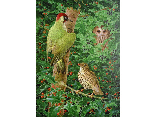 The front of the puzzle, Woodpecker Owl and Thrush.