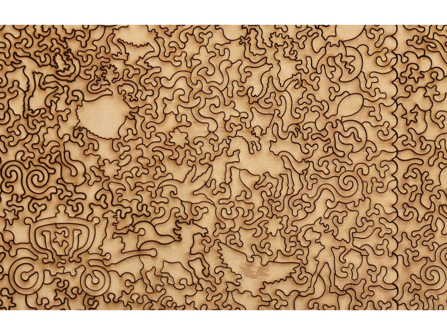 A closeup of the back of the puzzle, A Frog He Would A Wooing Go and Puss in Boots, showing the detail in the pieces.
